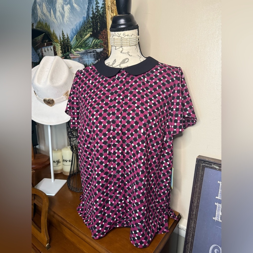 Stylish CeCe Pink and Black Peter Pan Collar Flutter Sleeve Women's Top NWT 60